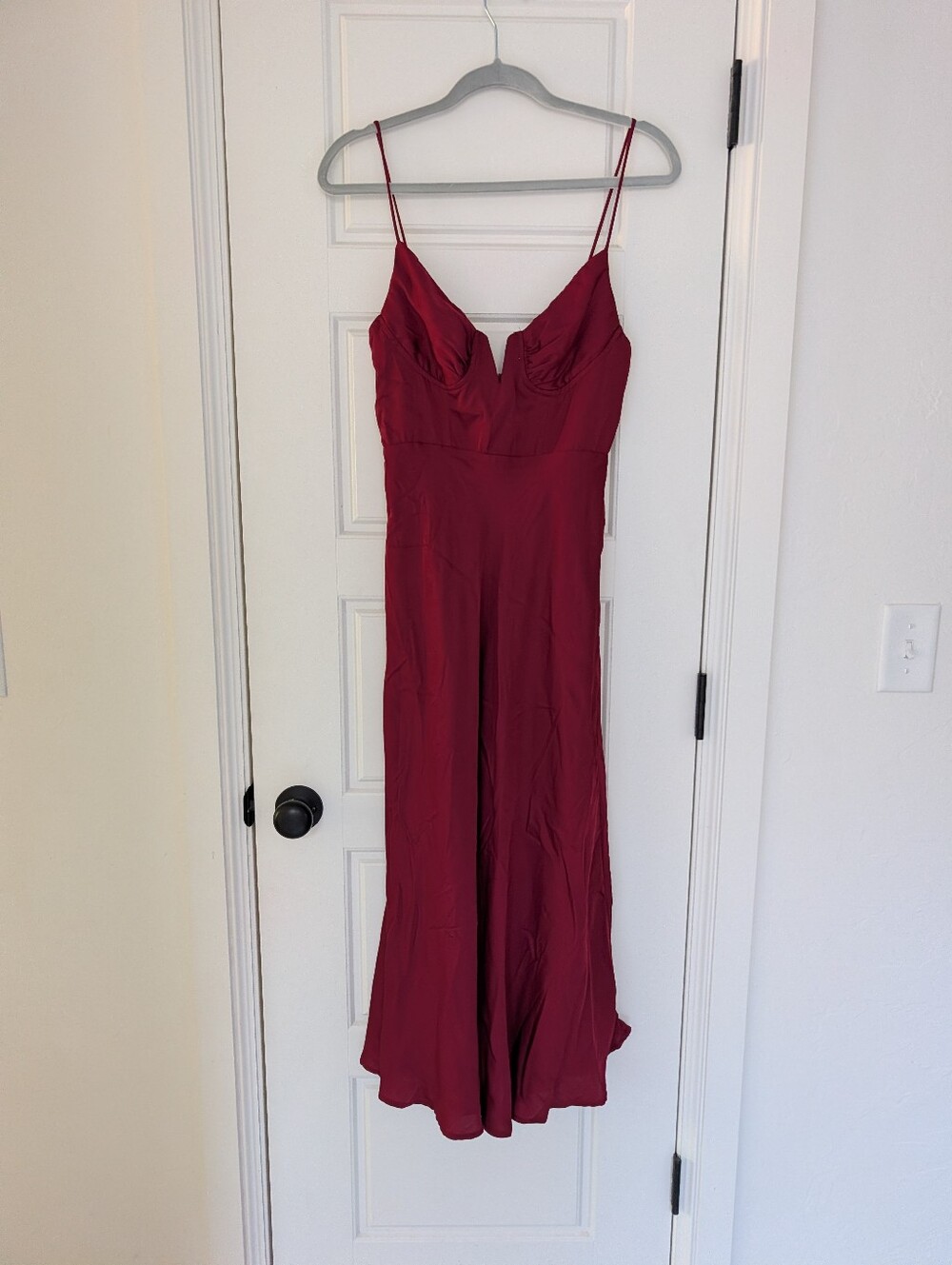Hello Molly Wine Red Satin Slip Dress with Spaghetti Straps